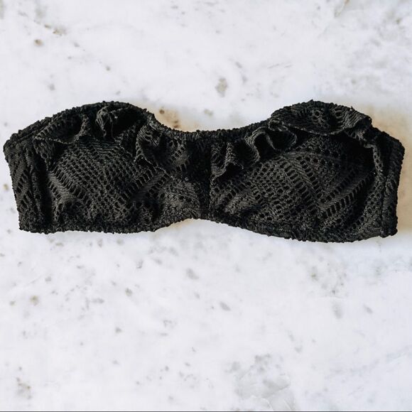 Roxy Crochet Ruffle Black Diamond Lace Bandeau Bikini Swim Top - Picture 3 of 8